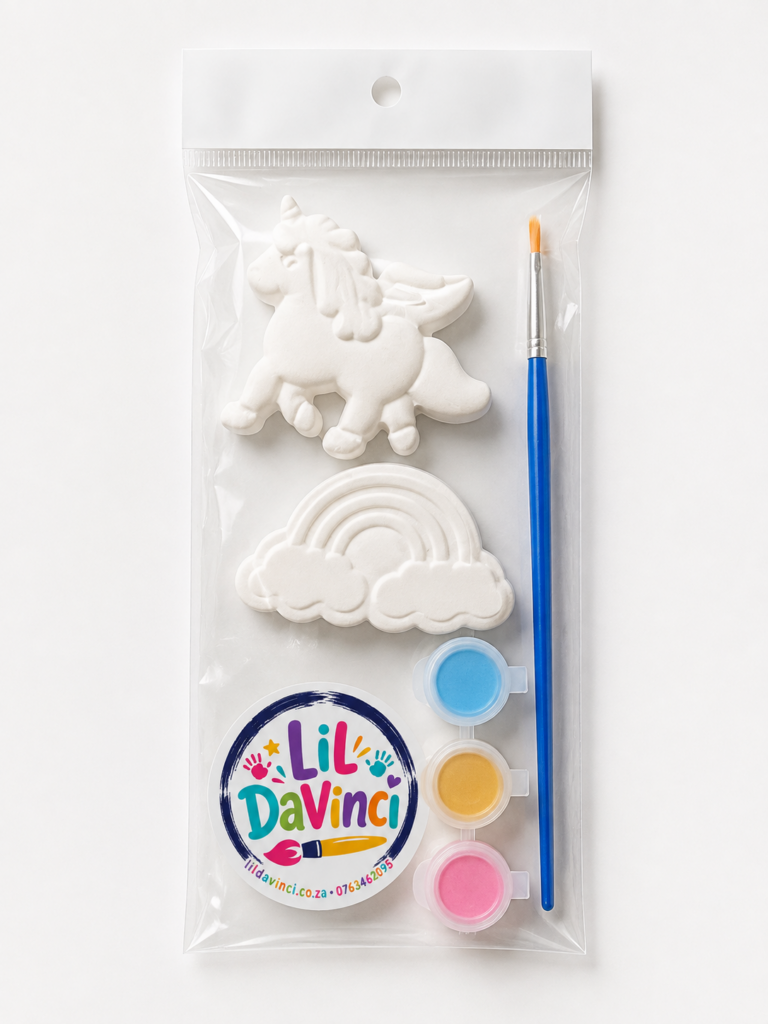 Lil DaVinci unicorn party favour kit with paint pots and a brush