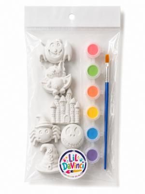 Halloween DIY Painting Kit with ready-to-paint pieces, a brush and six paint pots