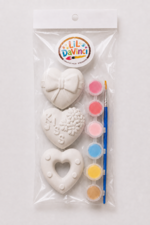 Hearts DIY Painting Kit with ready-to-paint pieces, a brush and six paint pots
