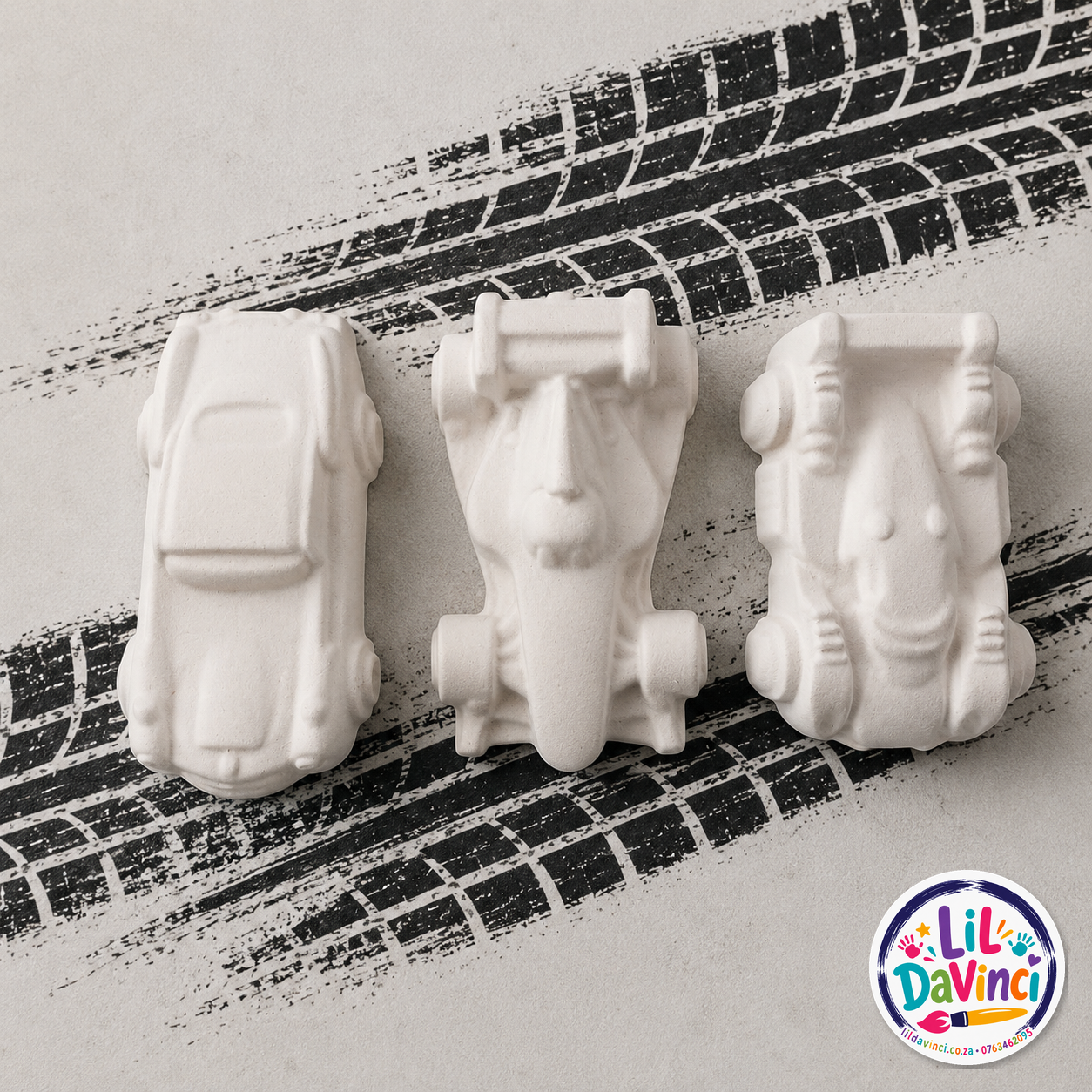 Cars - Large DIY Painting Kit showing examples of the unpainted designs