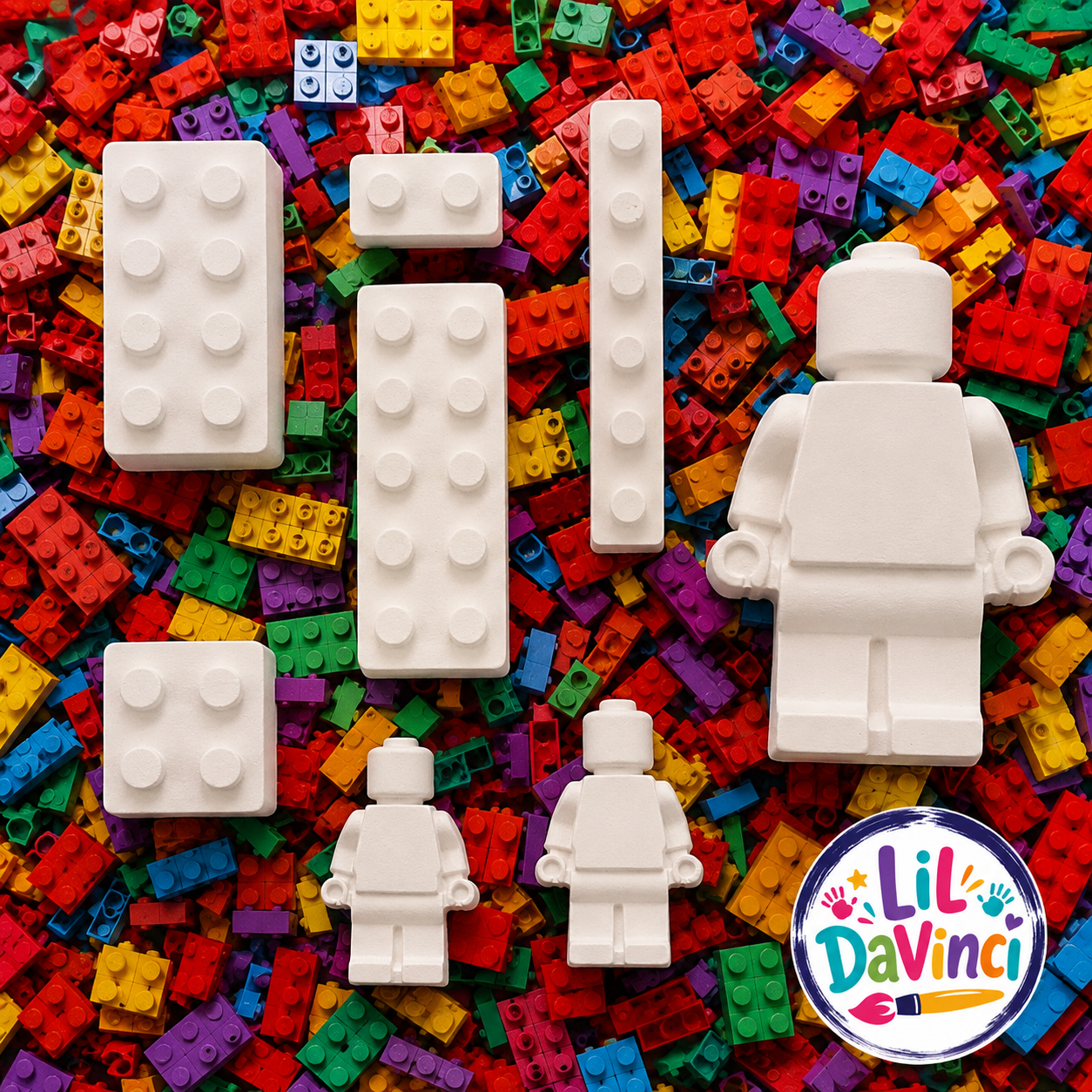 Lego-Man DIY Painting Kit showing examples of the unpainted designs