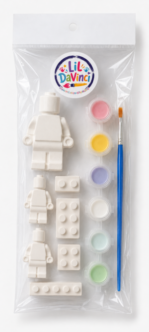 Lego-Man DIY Painting Kit with ready-to-paint pieces, a brush and six paint pots