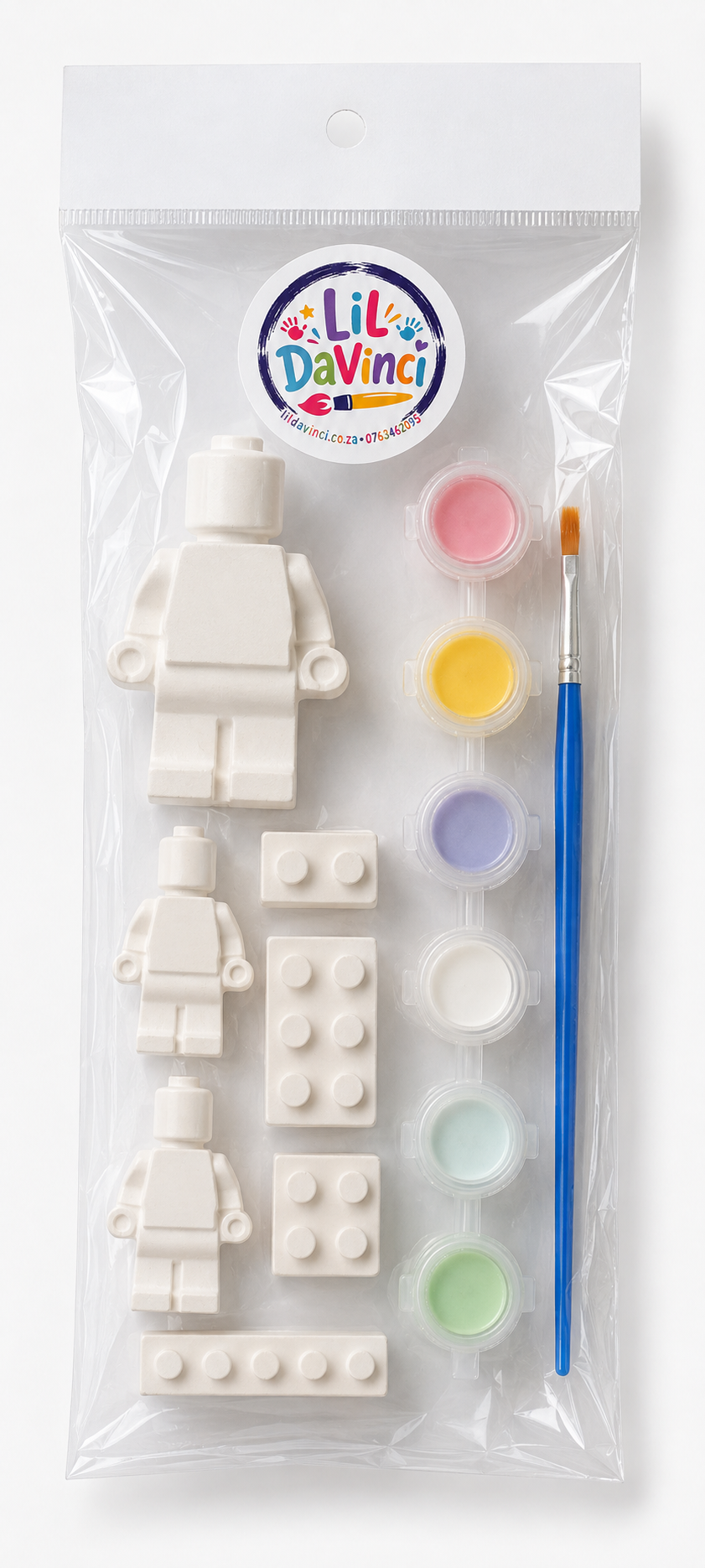 Lego-Man DIY Painting Kit with ready-to-paint pieces, a brush and six paint pots