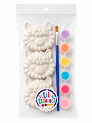 Llama DIY Painting Kit with ready-to-paint pieces, a brush and six paint pots