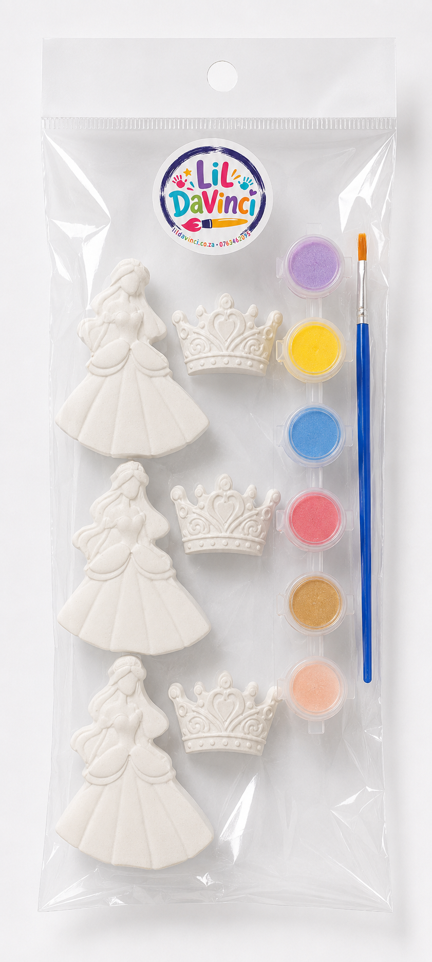Princess DIY Painting Kit with ready-to-paint pieces, a brush and six paint pots