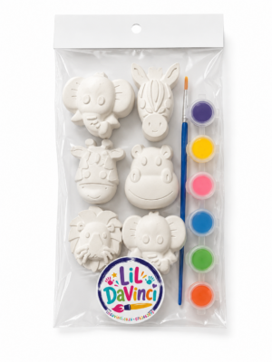 Safari DIY Painting Kit with ready-to-paint pieces, a brush and six paint pots
