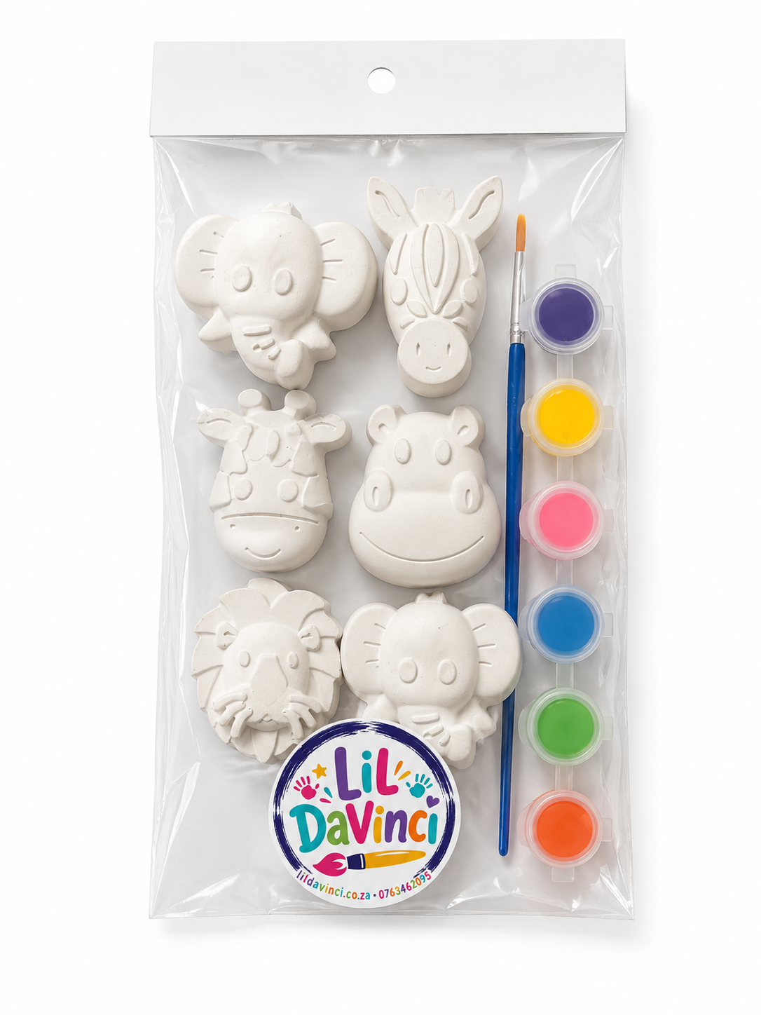 Safari DIY Painting Kit with ready-to-paint pieces, a brush and six paint pots
