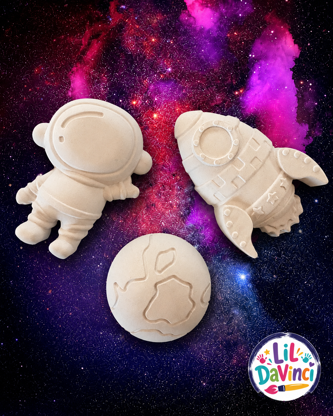 Space DIY Painting Kit showing examples of the unpainted designs
