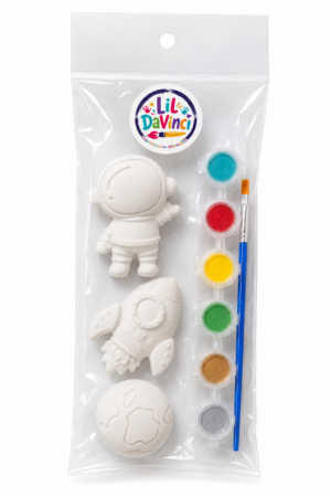 Space DIY Painting Kit with ready-to-paint pieces, a brush and six paint pots