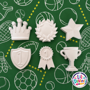 Sports Champs DIY Painting Kit showing examples of the unpainted designs