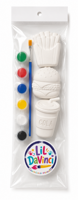 Take-Away DIY Painting Kit with ready-to-paint pieces, a brush and six paint pots