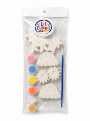 Unicorns & Rainbows DIY Painting Kit with ready-to-paint pieces, a brush and six paint pots