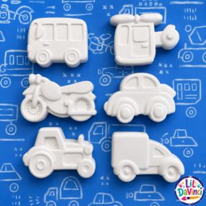 Vehicles DIY Painting Kit showing examples of the unpainted designs