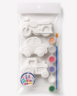 Vehicles DIY Painting Kit with ready-to-paint pieces, a brush and six paint pots