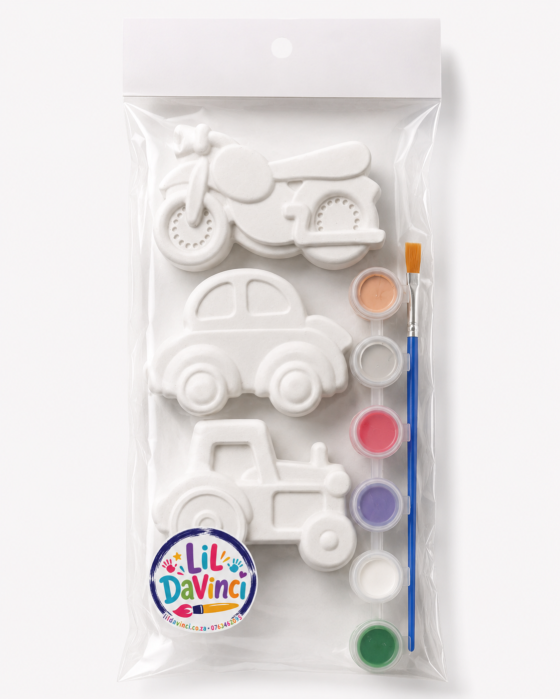 Vehicles DIY Painting Kit with ready-to-paint pieces, a brush and six paint pots